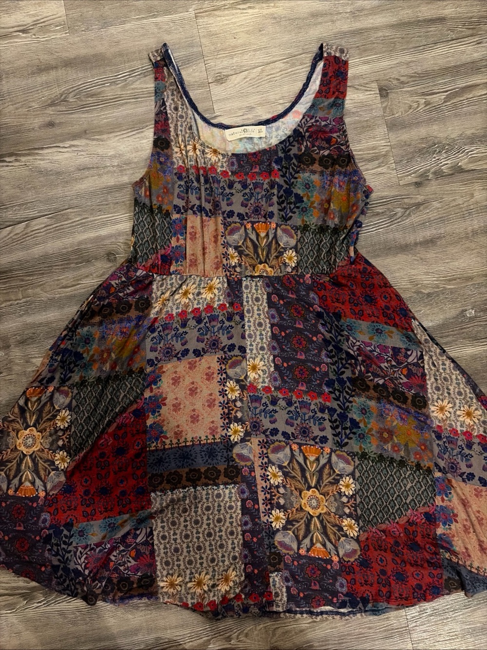 Natural Life XL Boho Patchwork Rayon Spandex tank Dress w/ Pockets Hippie soft